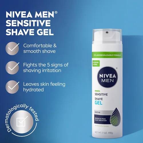 Miniatura 3 de NIVEA MEN Gel de afeitado sensible con vitamina E, extractos calmantes de manzanilla y hamamelis, paquete de 3 latas de 7 onzas