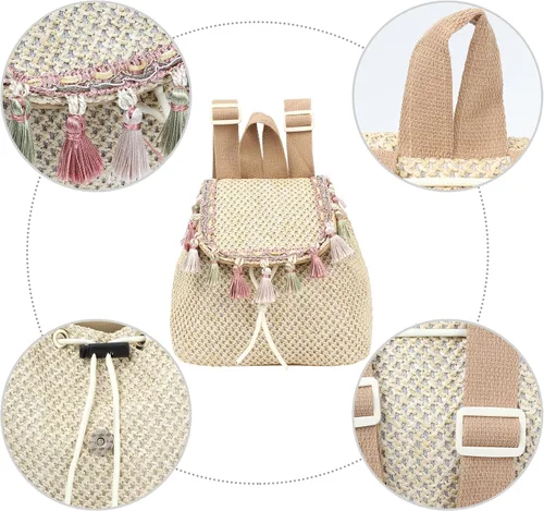 Miniatura 6 de Meyaus Mochila tejida de paja pequeña con borlas y cordón para mujer, Borlas Caqui, Mochilas Daypack