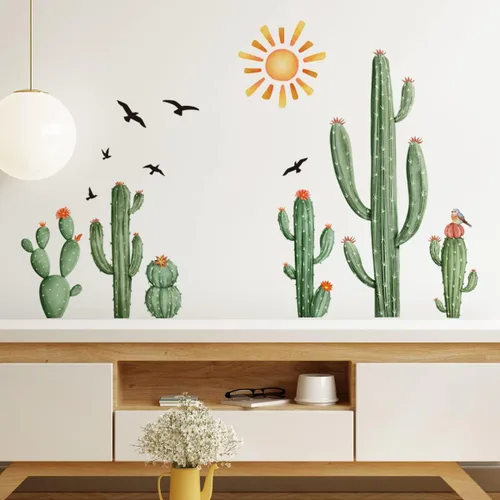 Calcomanías de Pared de Cactus Boho Calcomanías de Pared de Sol Boho Plantas Tropicales de Cactus Verdes con Pájaros Calcomanías de Pared para Sala