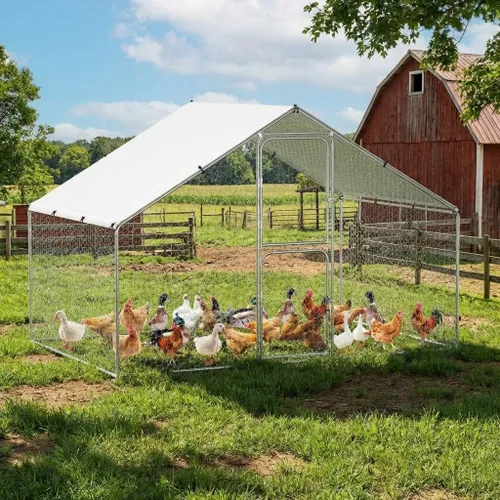 Miniatura 10 de GarveeLife Gallinero de metal grande con cubierta impermeable y anti-UV, jaula para aves de corral, corral de pollo al aire libre para uso en granja
