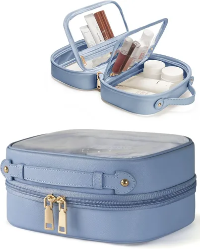 Miniatura 20 de Bolsa de Cosméticos Transparente de Doble Capa Bolsa de Artículos de Tocador de Viaje Estuche de Maquillaje Transparente con 4 Compartimentos, Bolsa