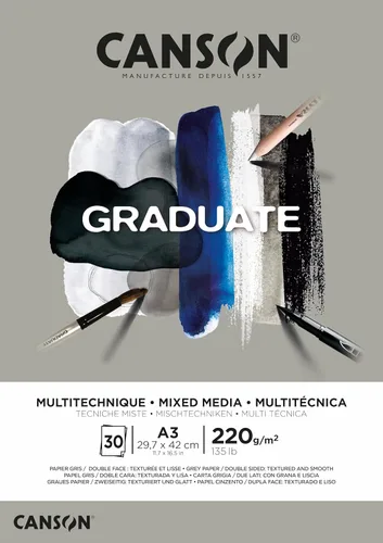 CANSON Graduate Mixed Media - Papel A3 de 7.76 oz/m², doble cara: granulado y liso, lado corto pegado, 30 hojas grises, para estudiantes artistas