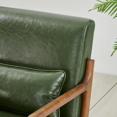 Miniatura 8 de Glitzhome Sillón Accent de mediados de siglo en verde cazador, sillón de lectura individual de cuero PU con marco de nogal y ruberwood Pu verde.