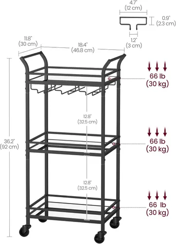 Miniatura 6 de VASAGLE Carrito de Bar, Carrito de Servicio de Bar para el Hogar, Carrito de Servicio de Bar Pequeño con Estante de 3 Niveles, Soportes para Vino