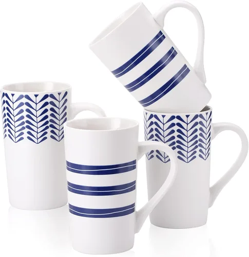 Miniatura 7 de YouPeng Juego de tazas de café grandes, tazas de cerámica con asa grande, taza de café alta para hombres o mujeres con patrón pintado a mano azul