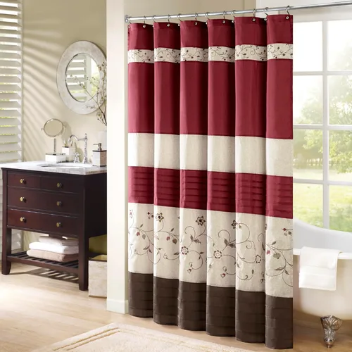 Madison Park Cortina de ducha de tela Serene Flora, cortinas de ducha bordadas de transición para baño, 72 x 72 pulgadas, roja Rojo