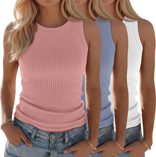 Miniatura 9 de Paquete de 3 camisetas sin mangas de algodón para mujer, de punto acanalado, casuales, básicas, de cuello redondo, ajustadas, de verano, con espalda