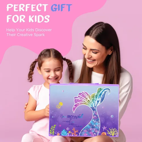 Miniatura 9 de homicozy Suministros de arte para niños de 4 a 12 años, juegos de dibujo de sirenas, estuche de arte, kits para colorear con caballete triple