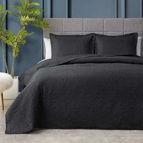 Hansleep Edredón Negro Tamaño Twin - Damasco Ultrasónico Colcha para Todas las Estaciones Twin, Juego de Ropa de Cama Coverlet Suave y Ligero, 2