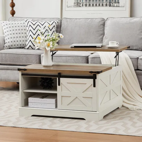 Miniatura 7 de Mesa auxiliar con tapa elevable, mesa de centro cuadrada de madera con puerta corrediza de granero y estante ajustable, mesa central rústica