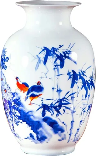 Miniatura 15 de Jarrón de cerámica blanco chino, Jingdezhen Birds Peony Flower Jarrones de porcelana blanca Decoración para el hogar B5