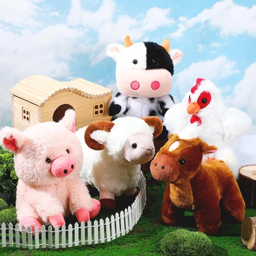 Miniatura 4 de Skylety Juego de 5 animales de peluche de granja de 10 pulgadas, animales de peluche de granja suave, cerdo gallo, caballo, oveja, vaca, juguete