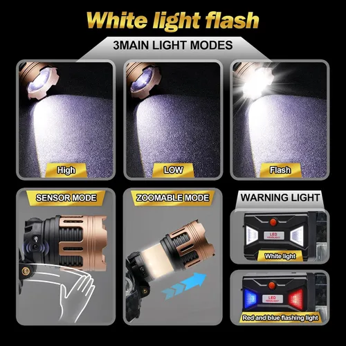 Miniatura 3 de Linterna frontal LED recargable, 2000 lúmenes, ajustable a 90°, impermeable IP68, 5 modos de luz con sensor, zoom, cable de carga USB y clips