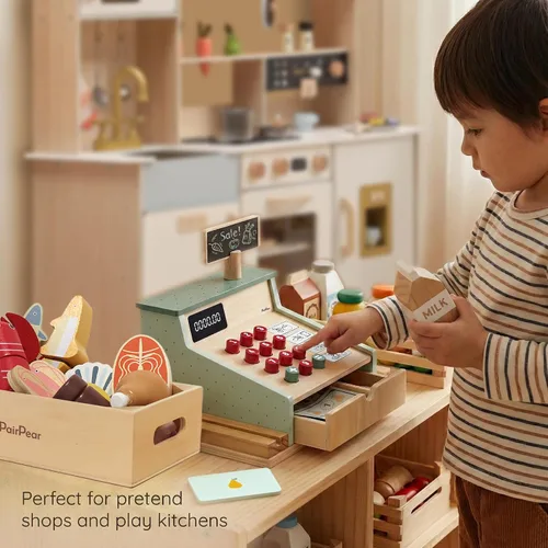 Miniatura 6 de PairPear Caja Registradora de Juguete de Madera, Juguetes de Juego de Simulación para Contar Dinero para Niños con Escáner y Tarjeta de Crédito