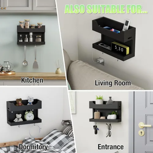 Miniatura 6 de NiHome Organizador de Accesorios para Cama Montado en la Pared, Estantería de Almacenamiento para Mesita de Noche con Dos Bandejas y Ganchos Negro
