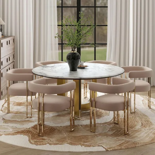 Miniatura 31 de Hyfirm Juego de 2 sillas de comedor de barril beige y dorado, modernas sillas tapizadas de terciopelo con respaldo curvado para isla de cocina