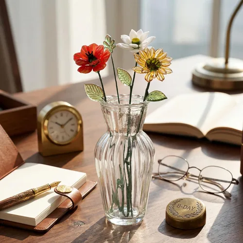 Miniatura 10 de HunnmingRe 5 piezas de flores de vidrio con jarrón, decoración de flores de mes de nacimiento de mayo, ramo de flores de cumpleaños de vidrio