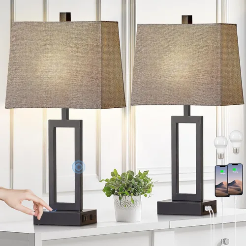 Miniatura 11 de Rinweey Juego de 2 lámparas de mesa de 23.5 pulgadas, modernas lámparas de noche negras con 2 puertos USB y salida de CA, lámparas de mesita