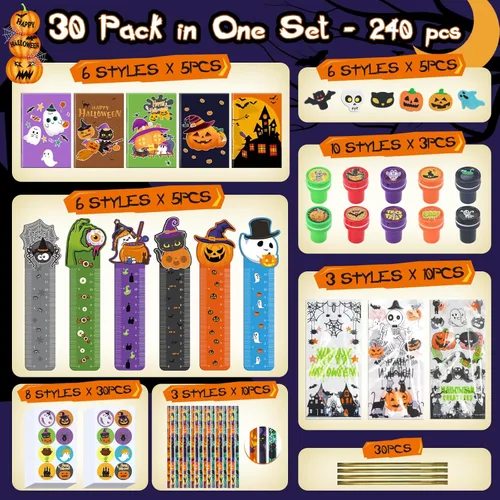 Miniatura 3 de Paquete de 30 artículos de papelería de fiesta de Halloween para el aula de niños, más de 240 piezas de bolsas de golosinas de Halloween a granel