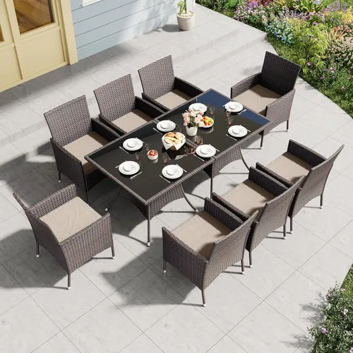 Miniatura 10 de Juego de 10 piezas de comedor para patio al aire libre, mesa de patio y sillas de ratán con agujero para paraguas, juego de mesa de comedor para 8