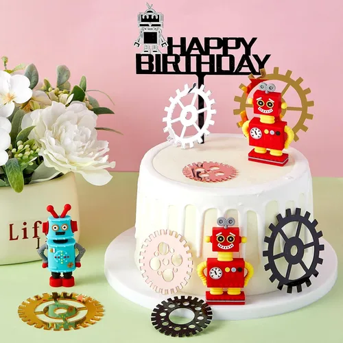 Miniatura 4 de Jetec 11 piezas de decoración de pastel de cumpleaños de robot, decoración de cupcakes, decoración de fiesta de cumpleaños con temática de robot