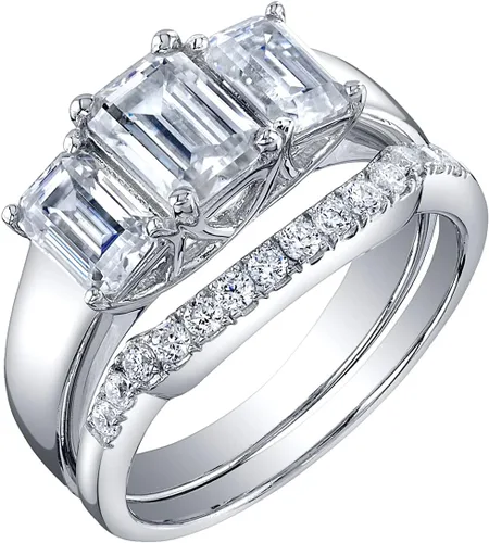 Peora Moissanite Juego de anillos de compromiso y alianza de boda de 3 piedras de corte esmeralda en plata de ley, 2,50 quilates en total, de color,
