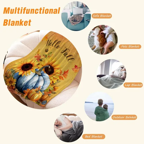 Miniatura 5 de YeeJu Manta decorativa de otoño, color naranja, Acción de Gracias, otoño, lindas calabazas, hojas, girasoles, sofá, cama, sala de estar, suave