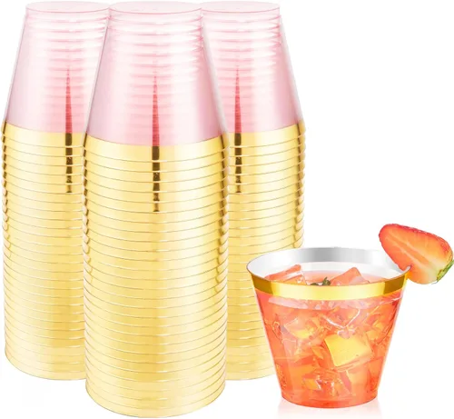 LUODA 150 vasos de plástico rosa, vasos desechables transparentes de 9 onzas con borde dorado, vasos de plástico con borde dorado, vasos de plástico