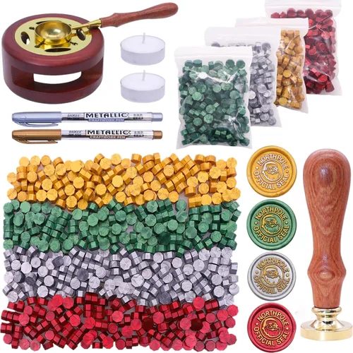 SWANGSA - Juego de sellos de cera de Navidad - 1450 cuentas, sello de Santa Claus, calentador, cuchara, bolígrafos y velas de té para sobres,