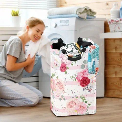 Miniatura 6 de Cesta de lavandería con diseño de rosas rosas, portátil, plegable, organizador de ropa con asas, bolsa de almacenamiento para habitación de niños