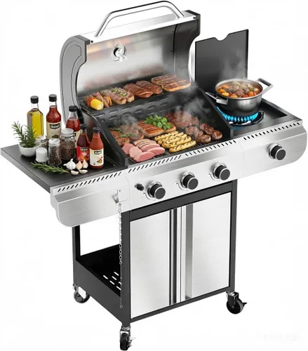 Miniatura 8 de Electactic G31 Parrilla de gas, parrilla de gas de 3 quemadores con mesas laterales plegables, parrilla BBQ de acero inoxidable de 24,000 BTU