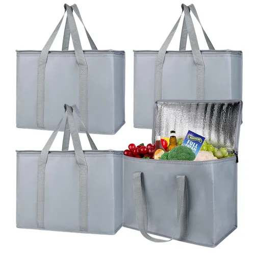 Miniatura 12 de musbus Paquete de 4 bolsas de compras aisladas XL, rojas, bolsa refrigeradora, cremallera, plegables, bolsa de mano, frío y caliente, para Rojo