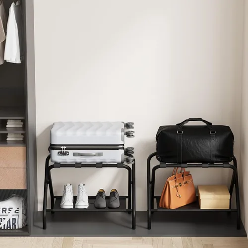 Miniatura 7 de Smuxee Portaequipajes Negro Paquete de 2, Soporte Plegable para Maletas con Estante de Almacenamiento de Tela, Portamaletas con 4 Correas de Nailon