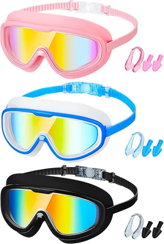 Miniatura 11 de Konohan Paquete de 3 gafas de natación para adultos, gafas anchas sin fugas, antiniebla, con clips para la nariz, tapones para los oídos