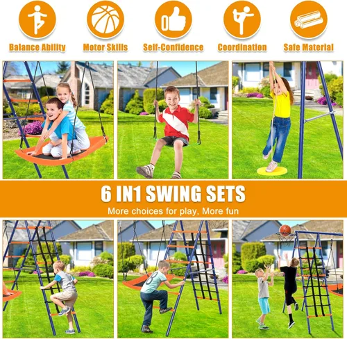 Miniatura 3 de Juego de columpios para patio trasero - Juego de patio de juegos 6 en 1 de servicio pesado de 550 libras, columpio platillo mejorado para niños al