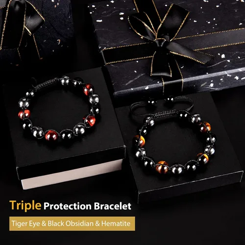 Miniatura 3 de SAMXY Triple Protection Bracelet, 8mm Healing Crystal Bead Bracelet, 3pcs Blue Red Tiger's Eye Obsidian Hematite Bracelet Women Men