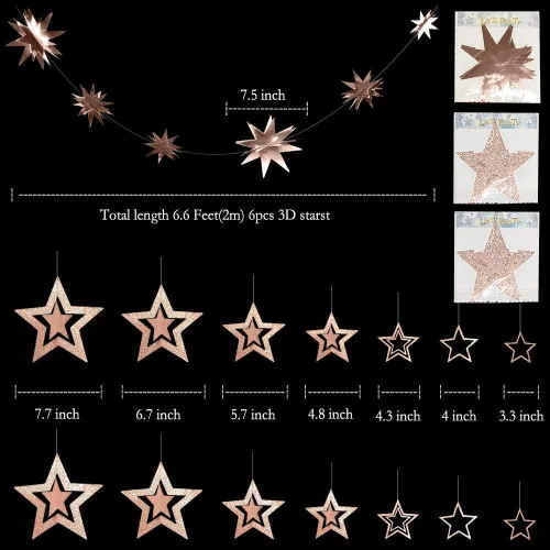 Miniatura 4 de Decor365 Guirnaldas de Estrellas Centelleantes Dorado Champán Decoraciones de Fiesta Pancarta de Estrellas Decoración Colgante de Techo Serpentina