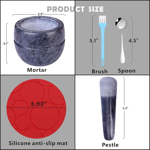 Miniatura 2 de Juego de mortero y mortero pulido de piedra de mármol natural pulido Guacamole Molcajete Bowl con base de silicona, cuchara inoxidable a juego