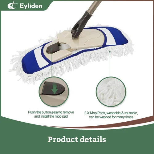 Miniatura 3 de Eyliden Trapeador de Polvo con Almohadillas Lavables Reutilizables - Reemplazo de Un Toque, Mango Ajustable en Altura, Total 2 Paños de Trapeador