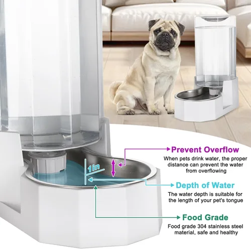 Miniatura 6 de Sfozstra Dispensador Automático de Agua para Mascotas: Cuenco de Agua de Acero Inoxidable Blanco por Gravedad de 8L - con Cepillo Especializado