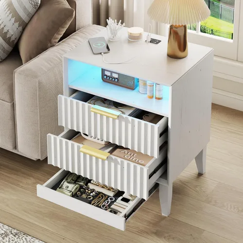 Miniatura 10 de LVSOMT Mesita de noche negra para dormitorio con estación de carga y luces LED, moderna mesita de noche con cajón oculto, mesita de noche