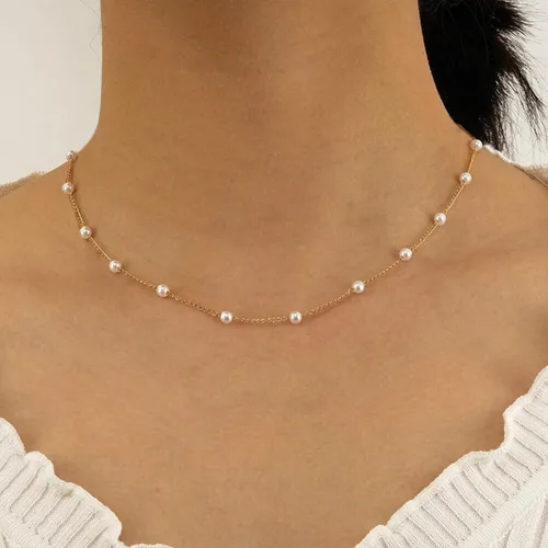 Miniatura 4 de Meeran Collar de perlas para mujer, delicado collar de perlas chapadas en oro de 14 quilates, collar de perlas blancas simples, collar de cadena