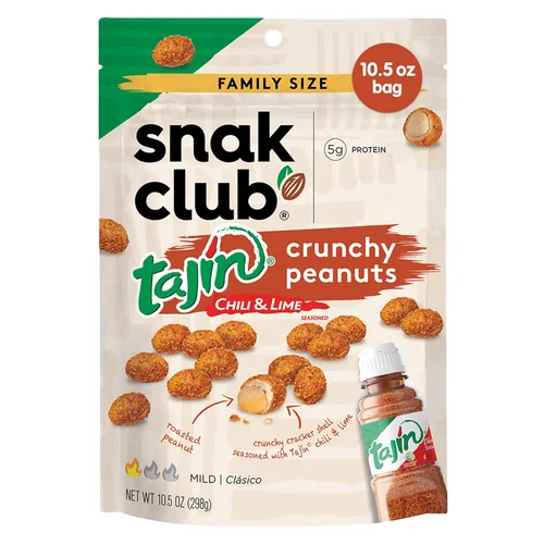 Snak Club Tajin - Cacahuetes crujientes, nueces con chile y condimento de lima, suave, sin colores ni sabores artificiales, bolsa resellable de 10.5