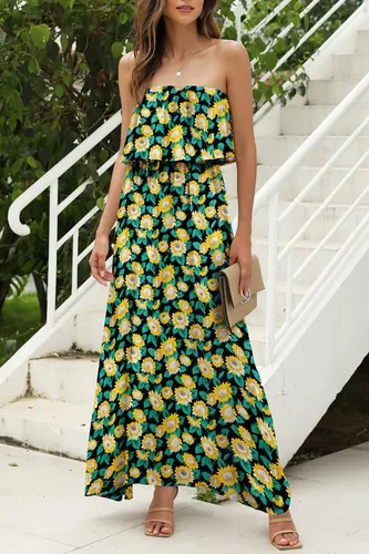 Miniatura 2 de ZMPSIISA - Vestido largo de verano con hombros descubiertos para mujer vestido largo sin tirantes, con volantes, color azul y blanco estilo bohemio