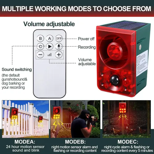 Miniatura 5 de Qualirey Sensor de movimiento solar para exteriores, alarma disuasoria de animales, sonido de disparo, alarma de ladridos de perro, generador