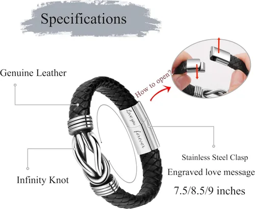 Miniatura 5 de Regalo para hombres, pulsera de cuero trenzado negro con infinito para hombres, papá, marido, novio, hijo, nieto, hermano, sobrino, tío
