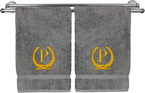 Miniatura 180 de Toalla de mano con monograma, regalo personalizado, 16 x 30 pulgadas, diseño de corona dorada bordada con letra blanca en toalla negra, extra