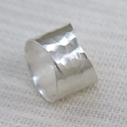 Miniatura 6 de Hammered Sterling Silver Handmade Wide Band Ring, Classic Shiny Finish Flat Wrap Band, Adjustable to Sizes 6-12, Can fit Also as Thumb ring, Gift