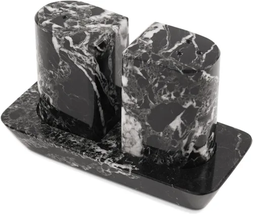 Radicaln Saleros y pimenteros de mármol – Juego de especias de piedra hecha a mano negra de 2.5 pulgadas para mesa de cocina, soporte de sal rosa