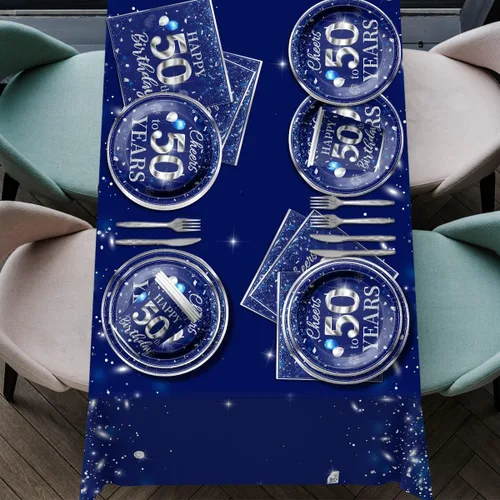 Miniatura 6 de Juego de vajilla de 142 piezas para decoración de cumpleaños número 50, color plateado y azul, suministros de fiesta de cumpleaños número 50